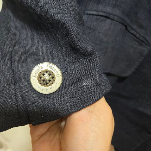 Louis Féraud Navy Linen Blazer Contrast Collar Women’s Size 10 - Picture 8 of 8